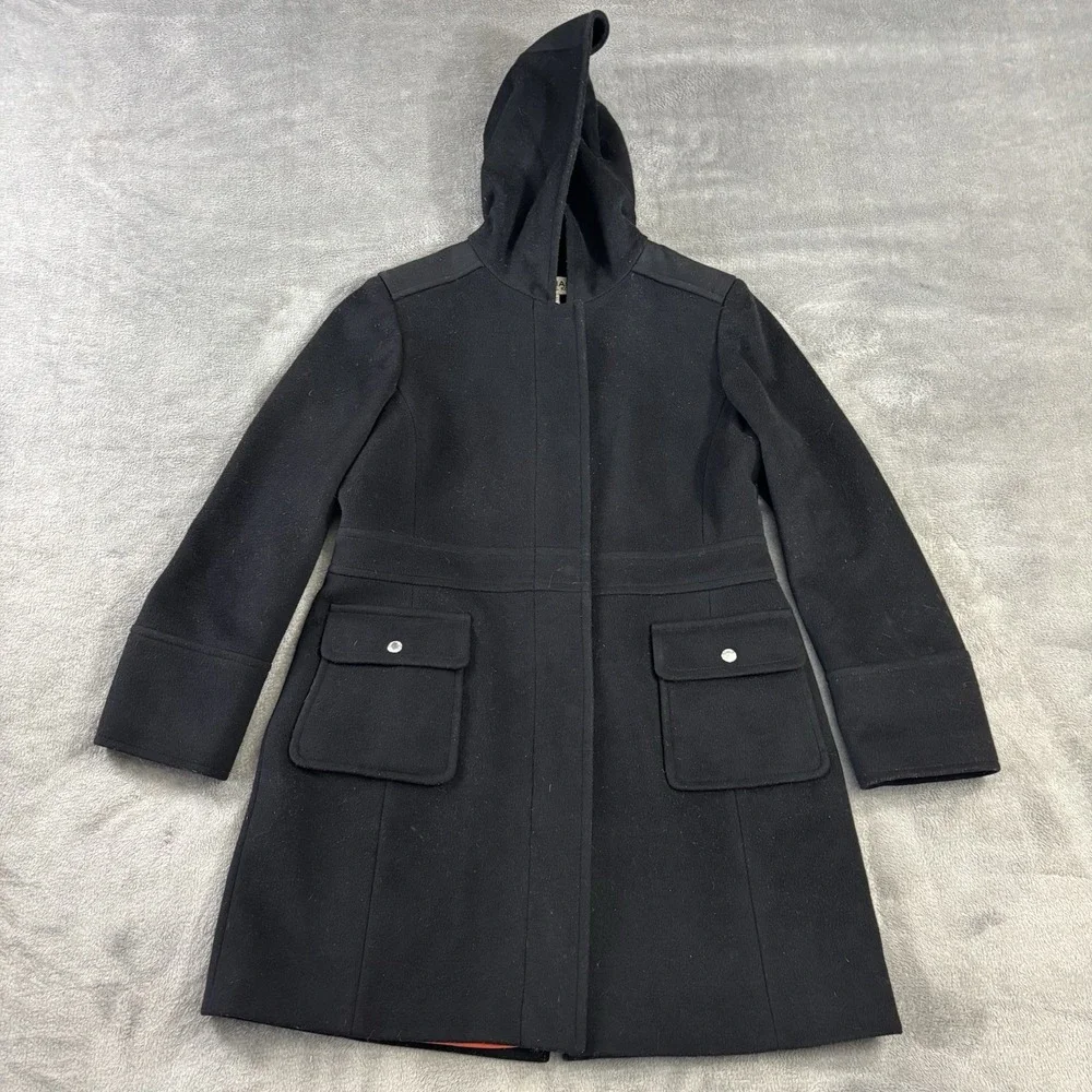 Michael Michael Kors Coat Womens‎ 12 100% Wool Solid Black Hooded Trench Outdoor